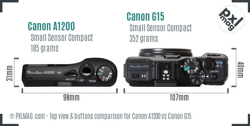 Canon A1200 vs Canon G15 top view buttons comparison