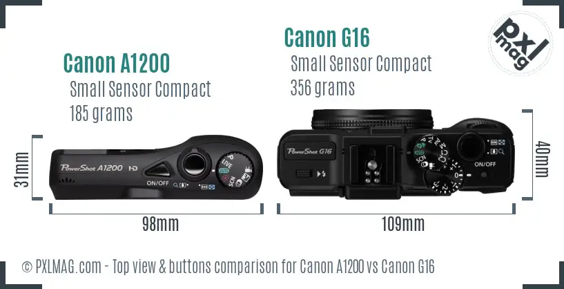 Canon A1200 vs Canon G16 top view buttons comparison