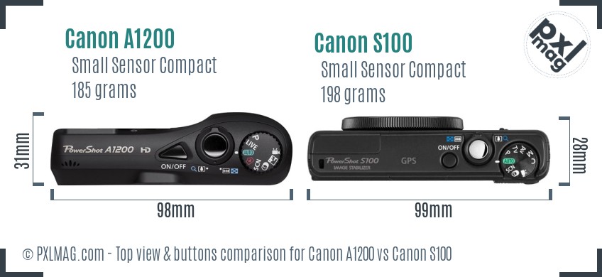 Canon A1200 vs Canon S100 top view buttons comparison