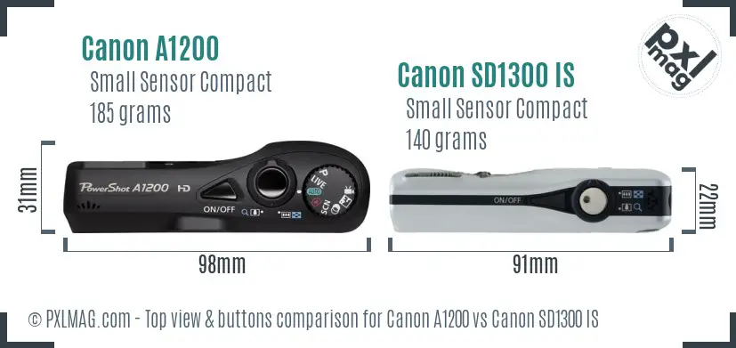 Canon A1200 vs Canon SD1300 IS top view buttons comparison Canon A1200 vs Canon SD1300 IS top view buttons comparison