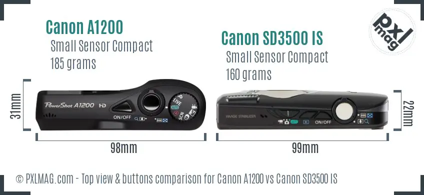 Canon A1200 vs Canon SD3500 IS top view buttons comparison Canon A1200 vs Canon SD3500 IS top view buttons comparison