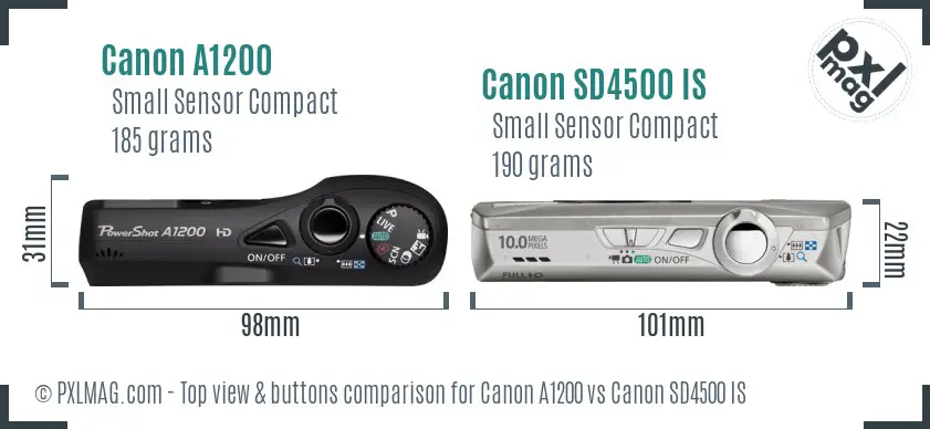 Canon A1200 vs Canon SD4500 IS top view buttons comparison