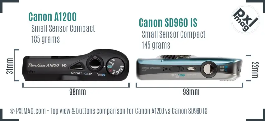 Canon A1200 vs Canon SD960 IS top view buttons comparison