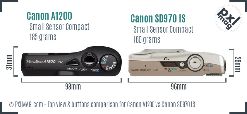 Canon A1200 vs Canon SD970 IS top view buttons comparison