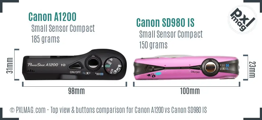 Canon A1200 vs Canon SD980 IS top view buttons comparison