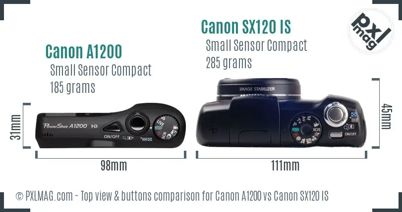 Canon A1200 vs Canon SX120 IS top view buttons comparison