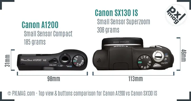 Canon A1200 vs Canon SX130 IS top view buttons comparison