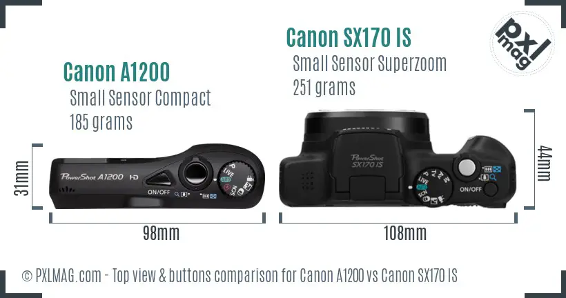 Canon A1200 vs Canon SX170 IS top view buttons comparison