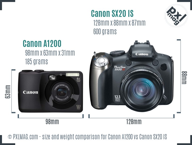 Canon A1200 vs Canon SX20 IS size comparison