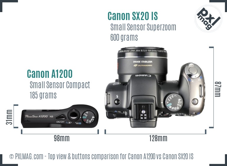 Canon A1200 vs Canon SX20 IS top view buttons comparison