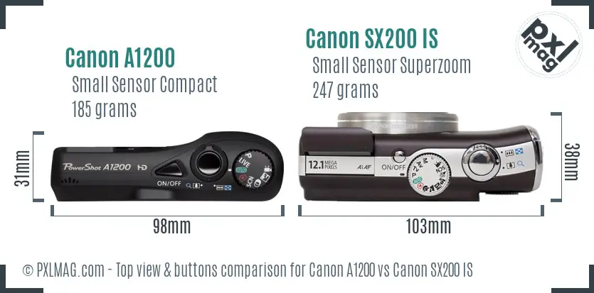 Canon A1200 vs Canon SX200 IS top view buttons comparison Canon A1200 vs Canon SX200 IS top view buttons comparison