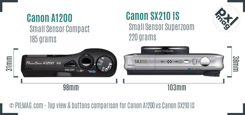 Canon A1200 vs Canon SX210 IS top view buttons comparison