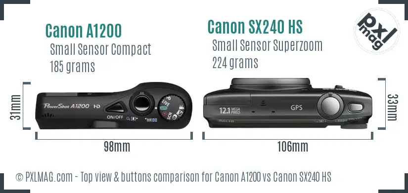 Canon A1200 vs Canon SX240 HS top view buttons comparison Canon A1200 vs Canon SX240 HS top view buttons comparison