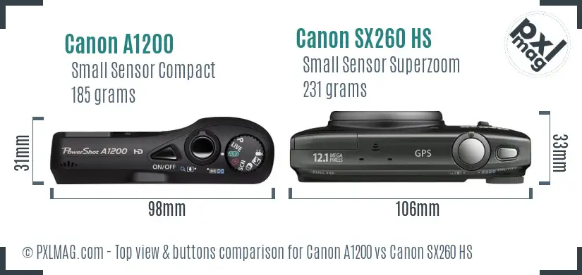 Canon A1200 vs Canon SX260 HS top view buttons comparison