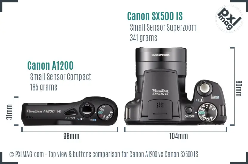 Canon A1200 vs Canon SX500 IS top view buttons comparison