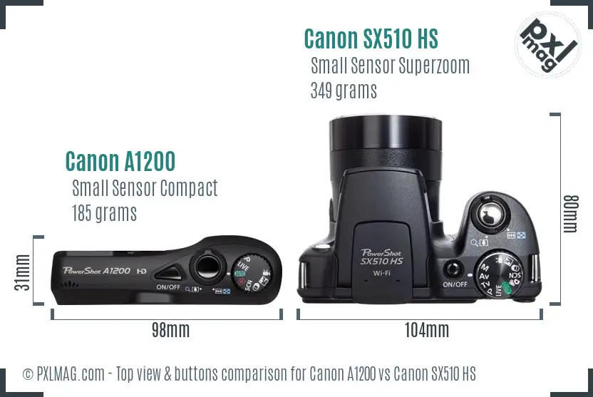 Canon A1200 vs Canon SX510 HS top view buttons comparison