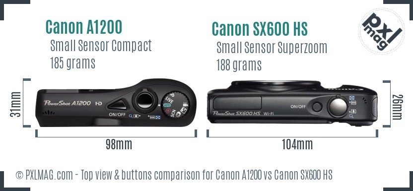 Canon A1200 vs Canon SX600 HS top view buttons comparison