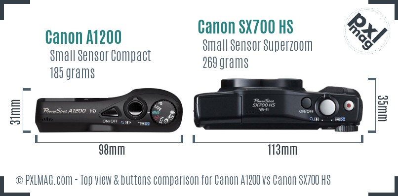 Canon A1200 vs Canon SX700 HS top view buttons comparison