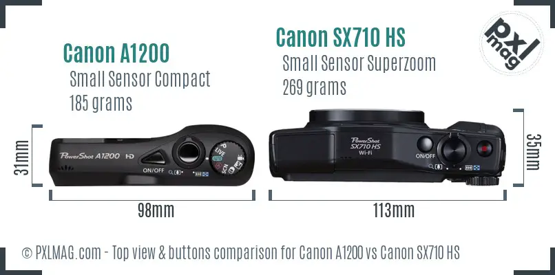 Canon A1200 vs Canon SX710 HS top view buttons comparison