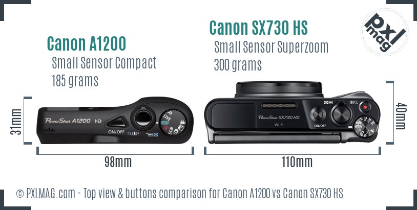Canon A1200 vs Canon SX730 HS top view buttons comparison