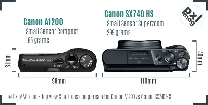 Canon A1200 vs Canon SX740 HS top view buttons comparison Canon A1200 vs Canon SX740 HS top view buttons comparison