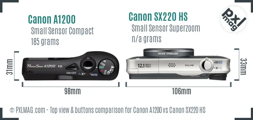 Canon A1200 vs Canon SX220 HS top view buttons comparison