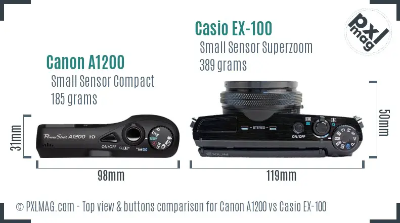 Canon A1200 vs Casio EX-100 top view buttons comparison Canon A1200 vs Casio EX-100 top view buttons comparison