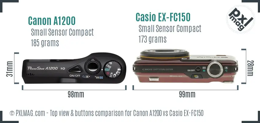 Canon A1200 vs Casio EX-FC150 top view buttons comparison