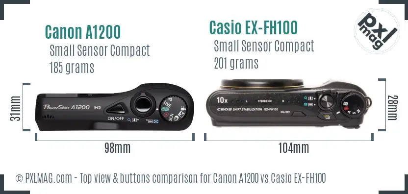 Canon A1200 vs Casio EX-FH100 top view buttons comparison Canon A1200 vs Casio EX-FH100 top view buttons comparison