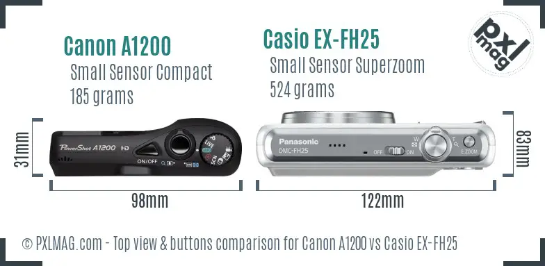 Canon A1200 vs Casio EX-FH25 top view buttons comparison