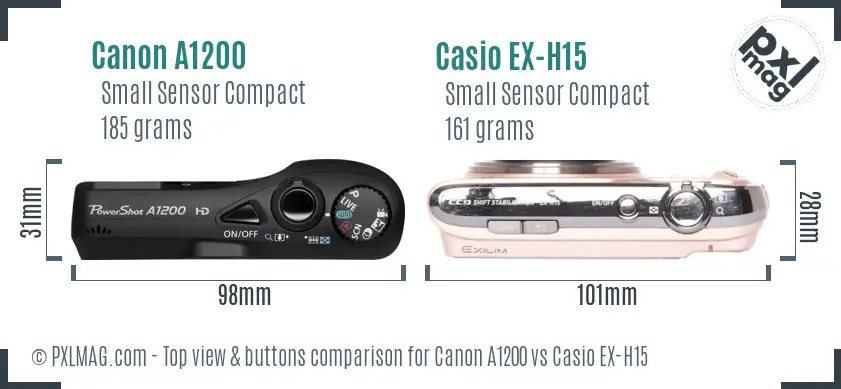 Canon A1200 vs Casio EX-H15 top view buttons comparison