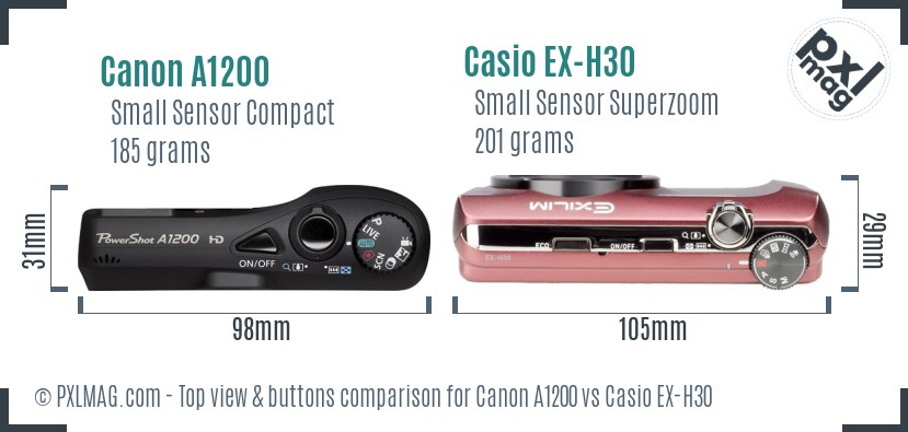 Canon A1200 vs Casio EX-H30 top view buttons comparison