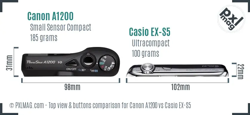 Canon A1200 vs Casio EX-S5 top view buttons comparison