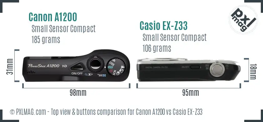 Canon A1200 vs Casio EX-Z33 top view buttons comparison Canon A1200 vs Casio EX-Z33 top view buttons comparison