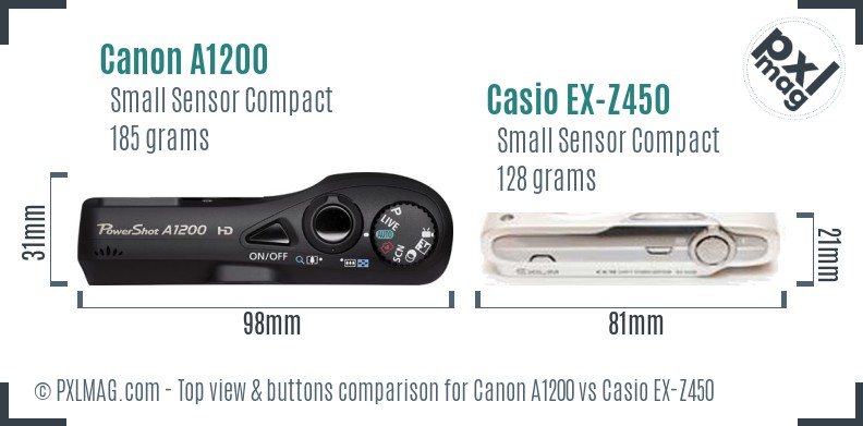 Canon A1200 vs Casio EX-Z450 top view buttons comparison