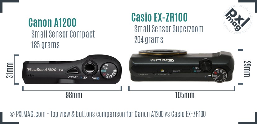 Canon A1200 vs Casio EX-ZR100 top view buttons comparison