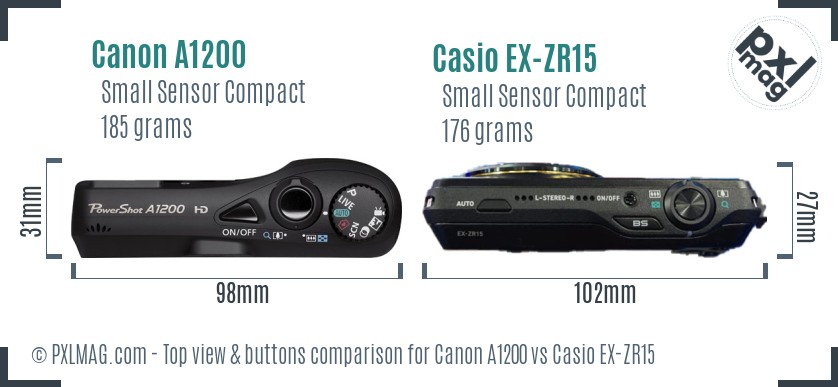 Canon A1200 vs Casio EX-ZR15 top view buttons comparison