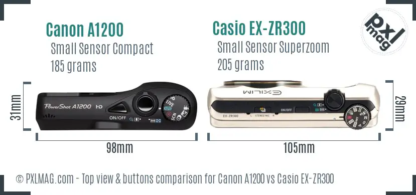 Canon A1200 vs Casio EX-ZR300 top view buttons comparison
