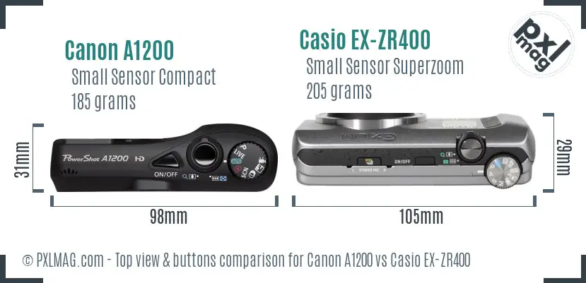 Canon A1200 vs Casio EX-ZR400 top view buttons comparison
