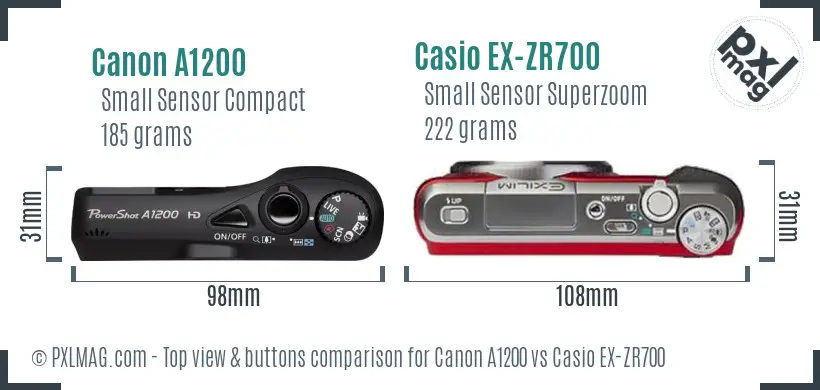 Canon A1200 vs Casio EX-ZR700 top view buttons comparison
