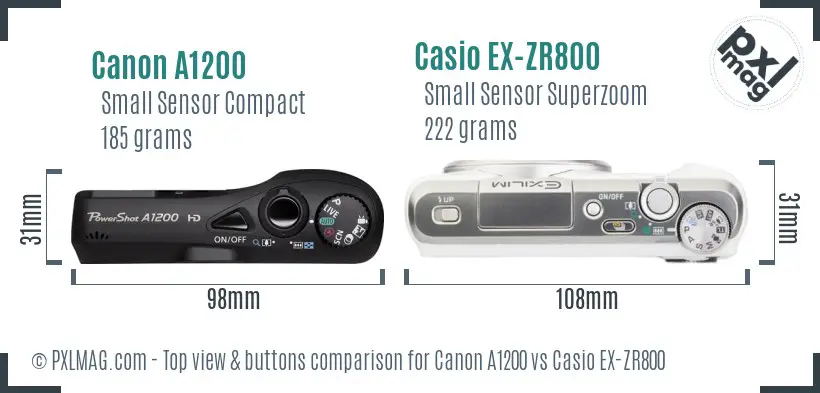Canon A1200 vs Casio EX-ZR800 top view buttons comparison Canon A1200 vs Casio EX-ZR800 top view buttons comparison