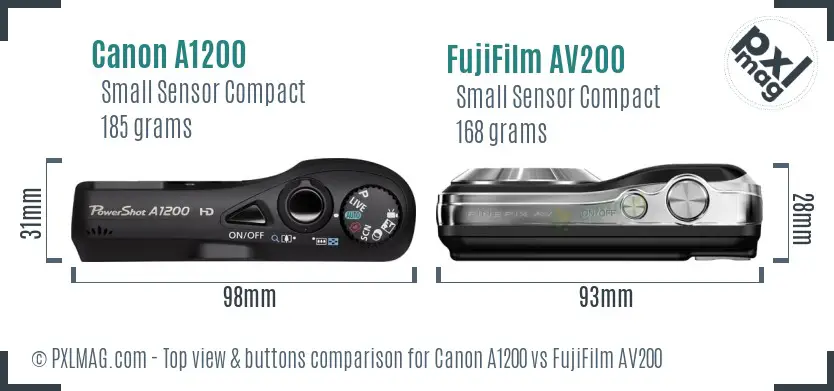 Canon A1200 vs FujiFilm AV200 top view buttons comparison