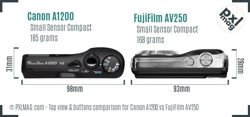 Canon A1200 vs FujiFilm AV250 top view buttons comparison