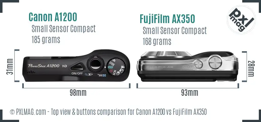 Canon A1200 vs FujiFilm AX350 top view buttons comparison