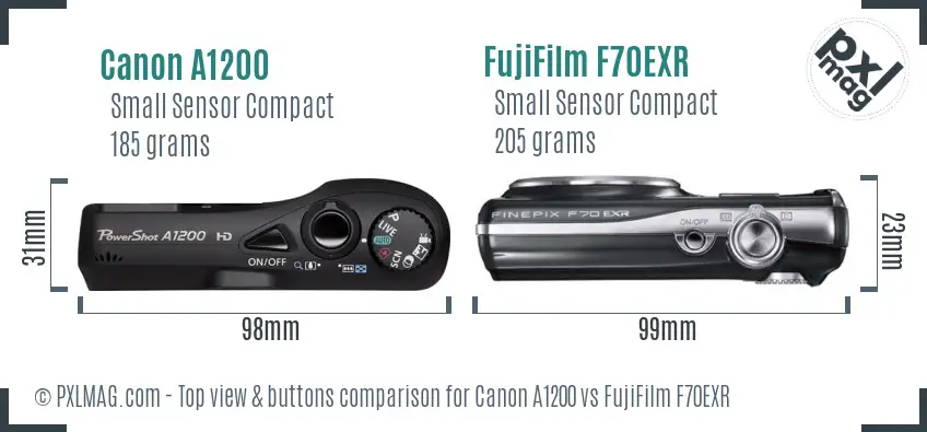 Canon A1200 vs FujiFilm F70EXR top view buttons comparison