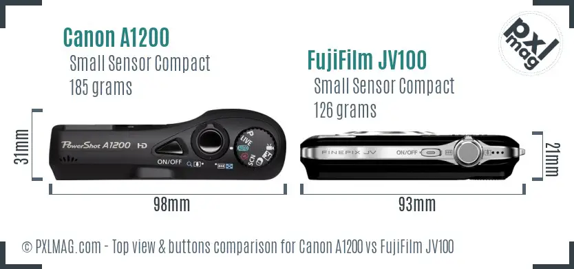 Canon A1200 vs FujiFilm JV100 top view buttons comparison