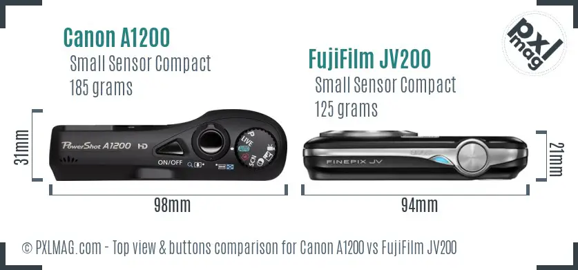 Canon A1200 vs FujiFilm JV200 top view buttons comparison