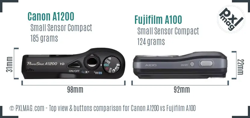 Canon A1200 vs Fujifilm A100 top view buttons comparison Canon A1200 vs Fujifilm A100 top view buttons comparison