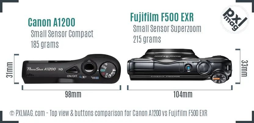Canon A1200 vs Fujifilm F500 EXR top view buttons comparison