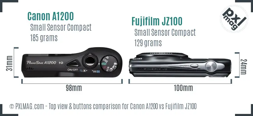 Canon A1200 vs Fujifilm JZ100 top view buttons comparison